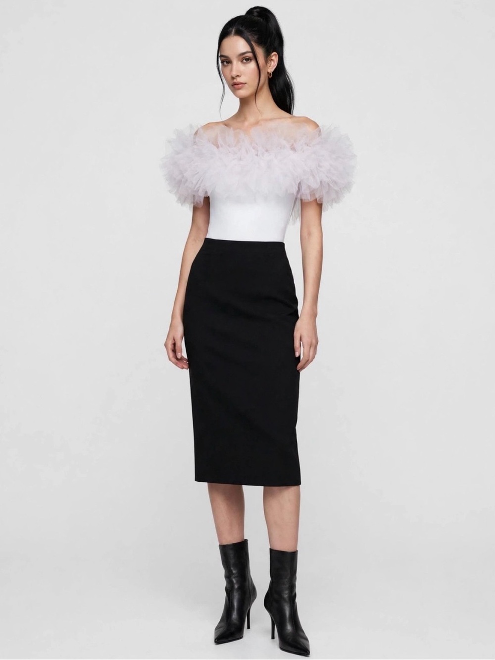 Free People White Off-Shoulder Tulle Bodysuit with Blush Ruffle